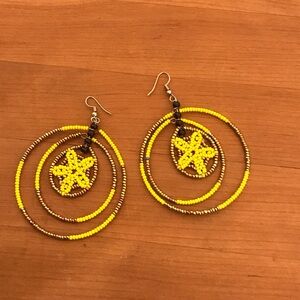 Vibrant Yellow Star Beaded Hoop Earrings